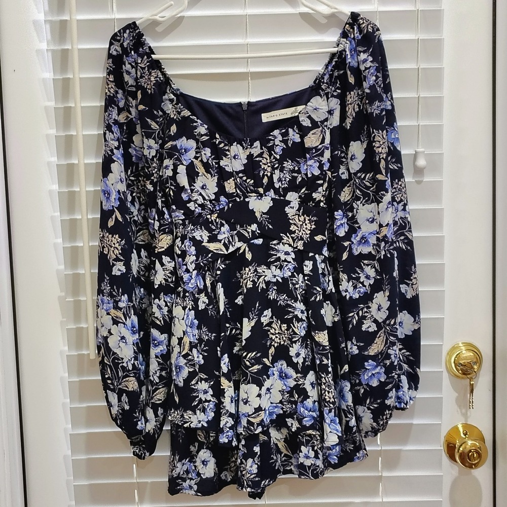 Altar'd State Blouse Womens M Blue Floral Long Sleeve Tie Back Cottagecore Boho